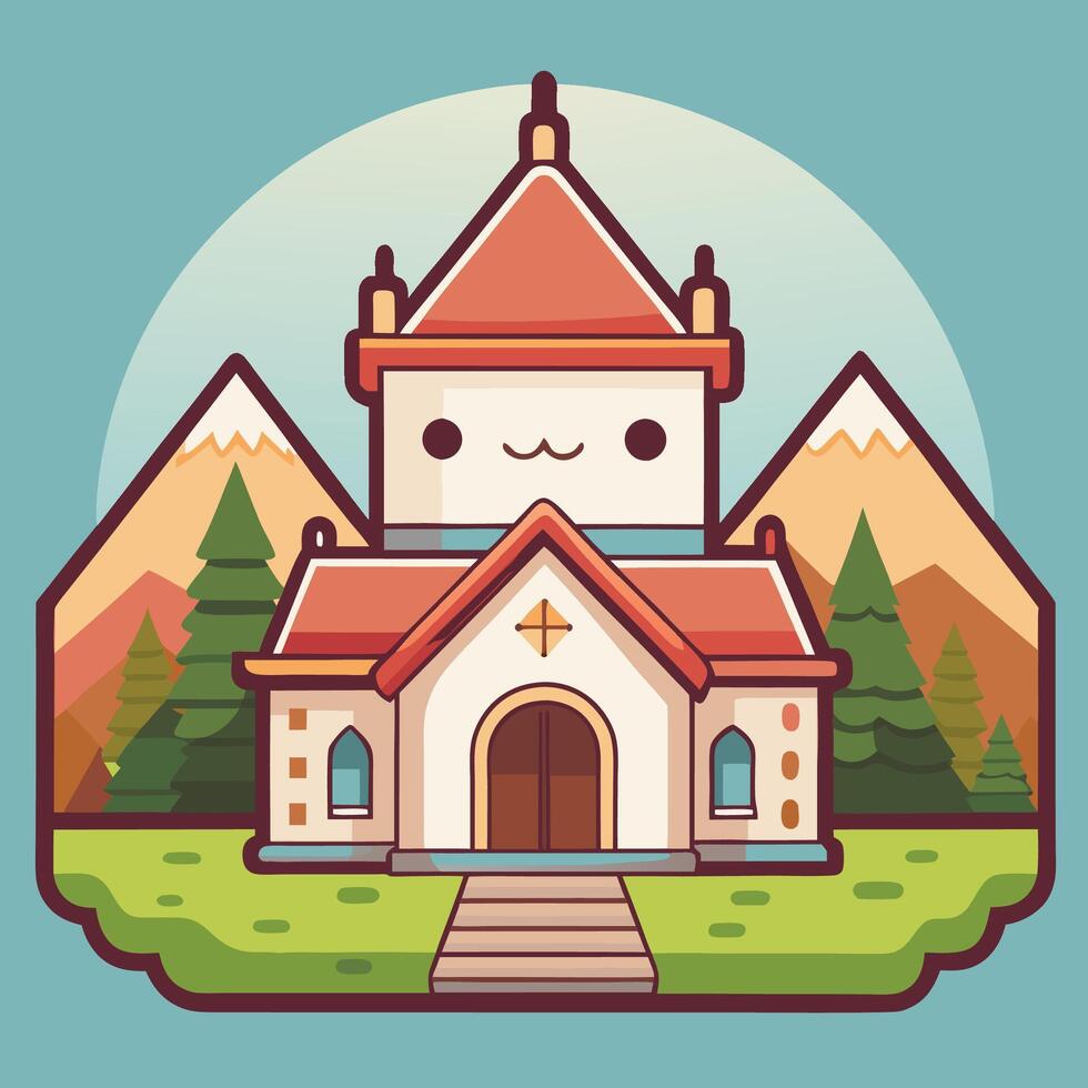 a cartoon church with mountains in the background vector