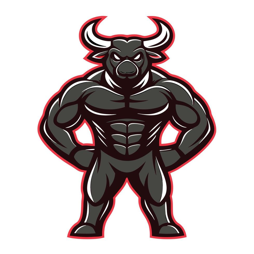 a black bull mascot with a big head and a red and black background vector