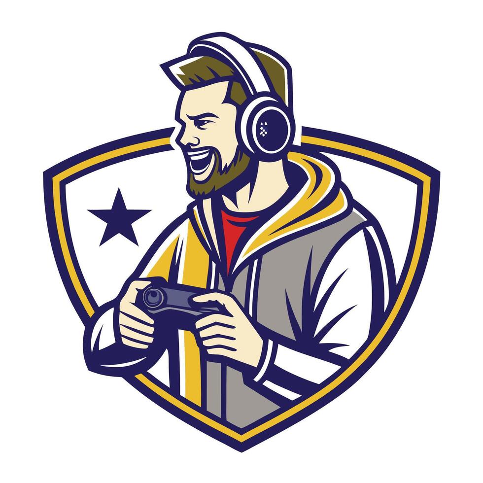 a man with headphones and a beard holding a controller vector