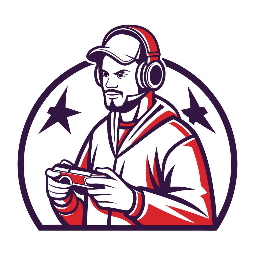 a man in a hat and headphones holding a controller vector