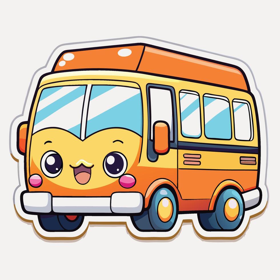 a sticker of a school bus with a smiley face vector