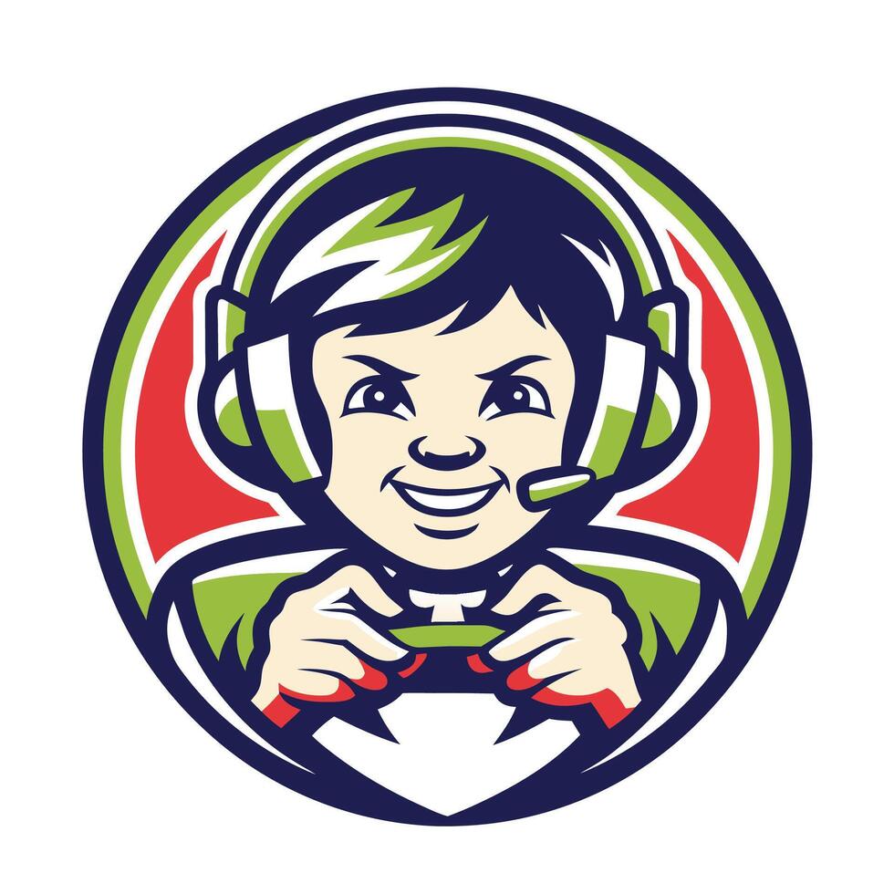 mascot icon illustration of a gamer boy playing game set inside circle on isolated background done vector