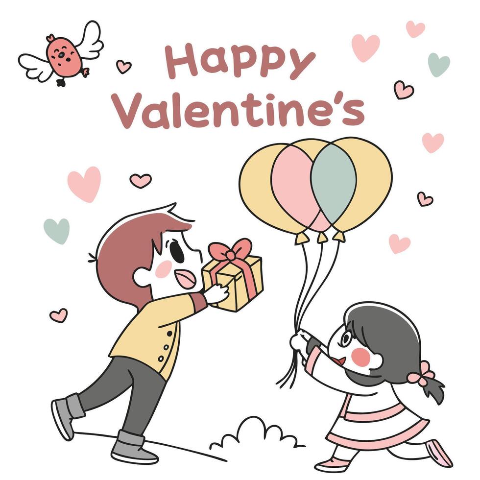 happy valentine's day card with boy and girl holding balloons vector