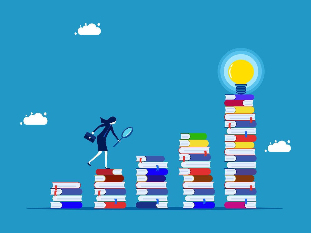woman is standing on top of books and looking at a light bulb vector