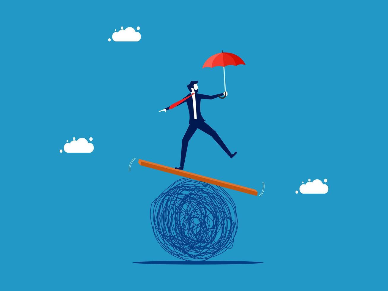 businessman balancing on a balance beam with an umbrella vector