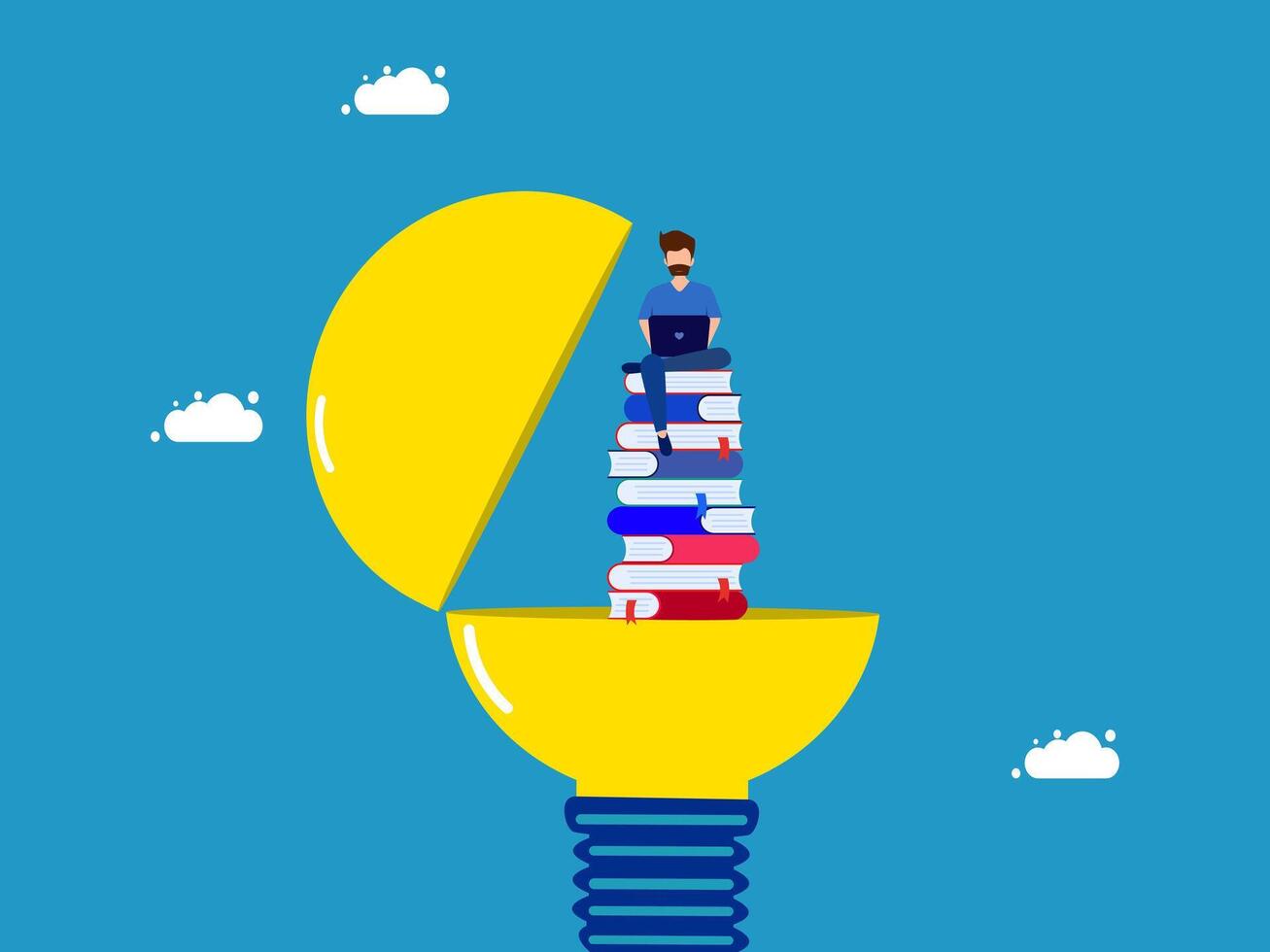 a man is standing on top of a pile of books in a light bulb vector