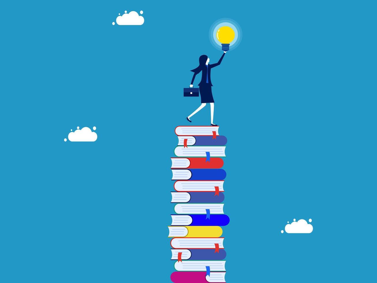 a woman standing on top of books with light bulb vector