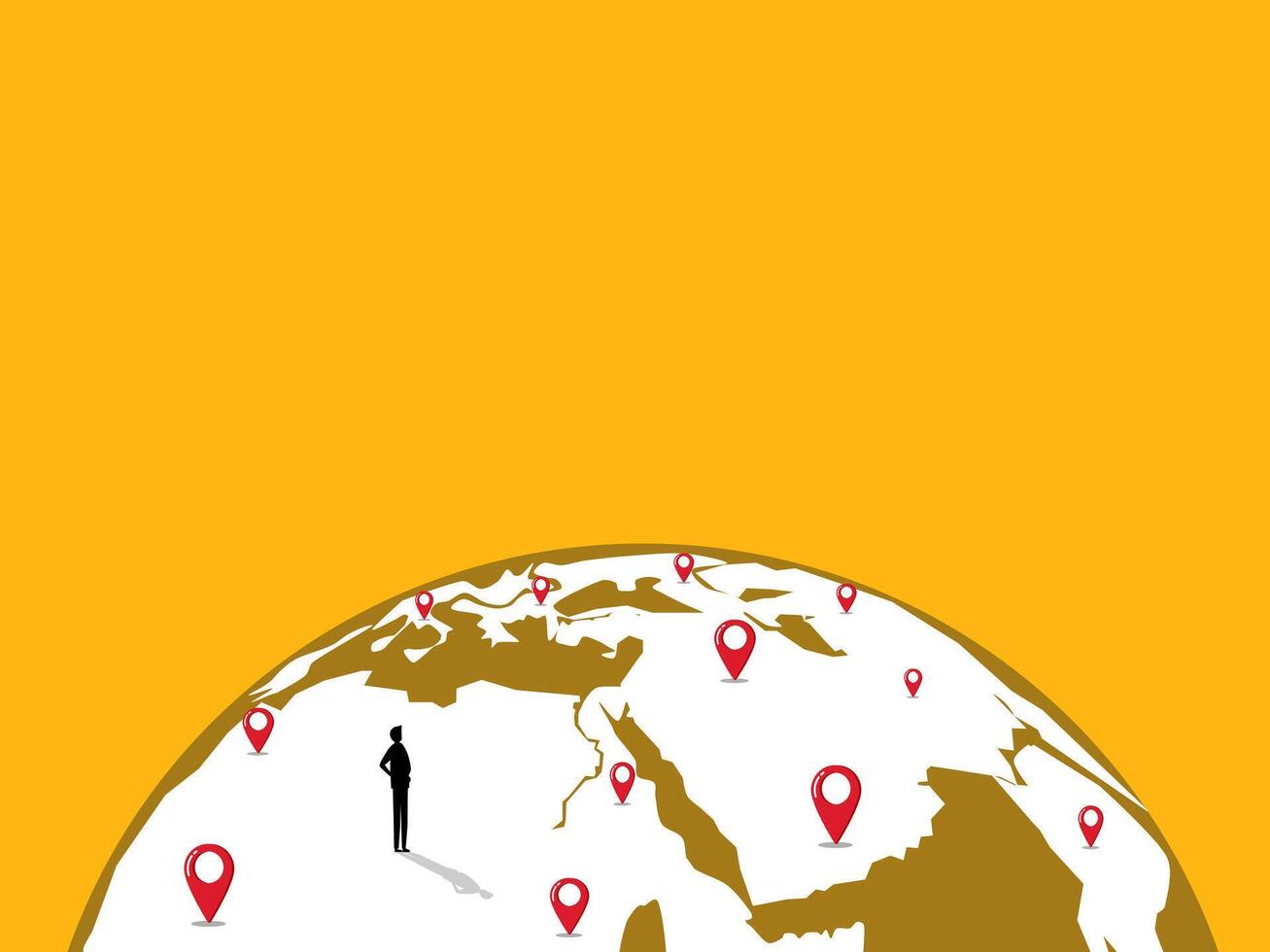man stands looking at world map pins, expanding branches, traveling, searching for new business vector