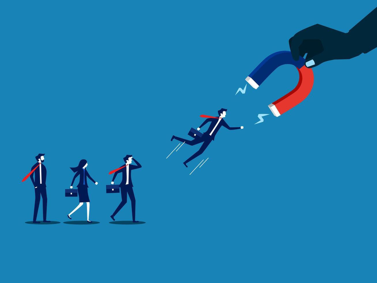 Inspiration, Recruitment. Giant hand holding a magnet attracts people from the crowd vector