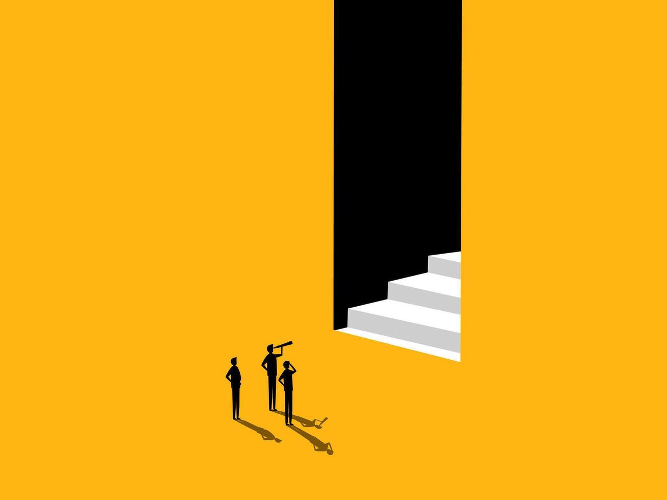 Ambition, new career opportunity. team Businessman looks at stairs in door vector
