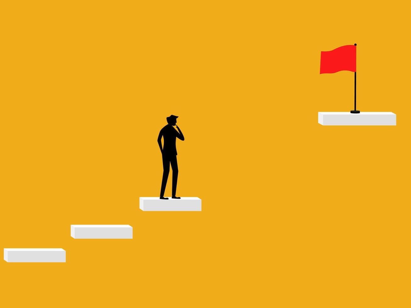 Businessman stuck in the gap between the stairs, can not reach the flag vector