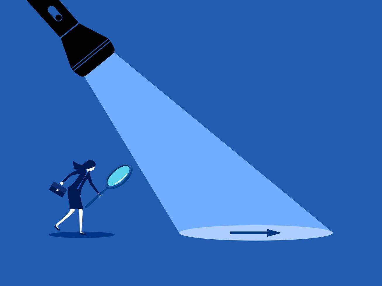 A long way ahead, help find a business way out. Businesswoman follow the guiding light vector