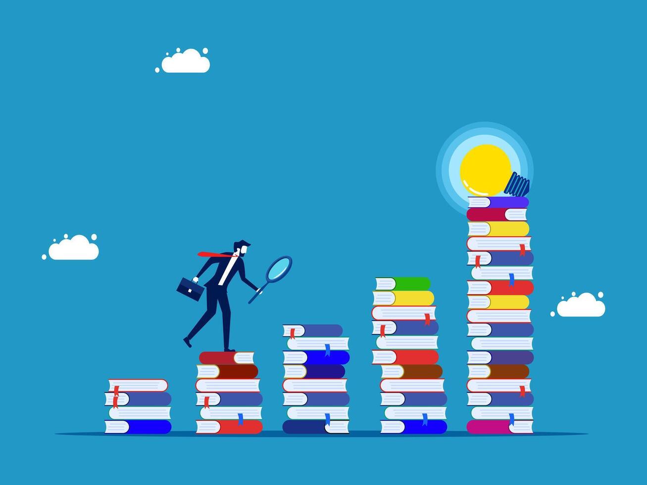 businessman is standing on top of books and looking at a light bulb vector