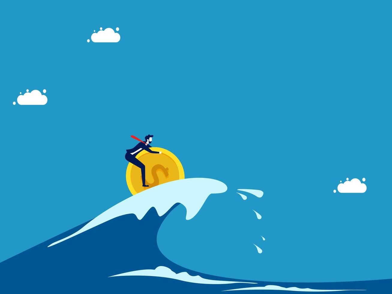 a man riding on top of a wave with a coin vector