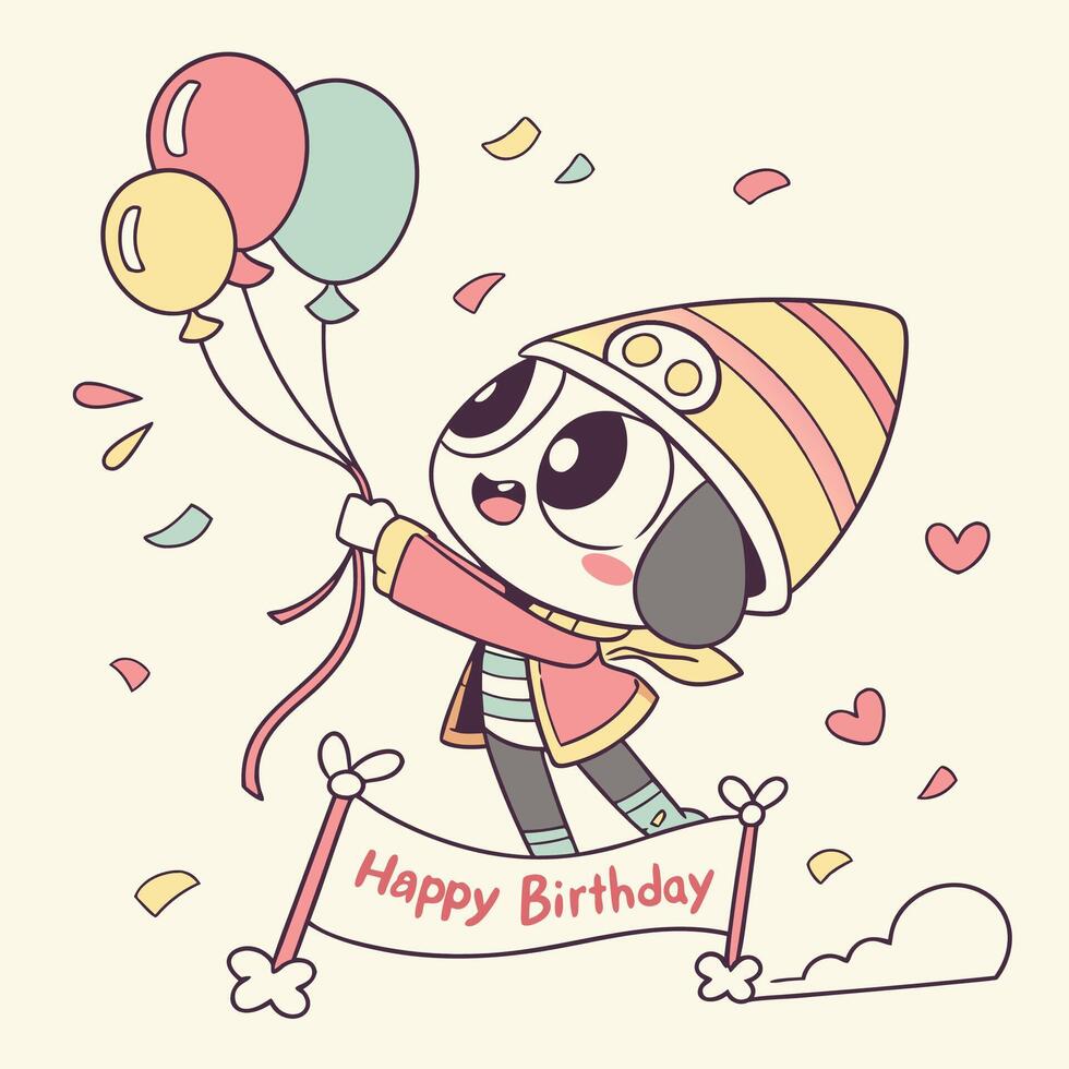 happy birthday card with a cartoon dog holding balloons vector