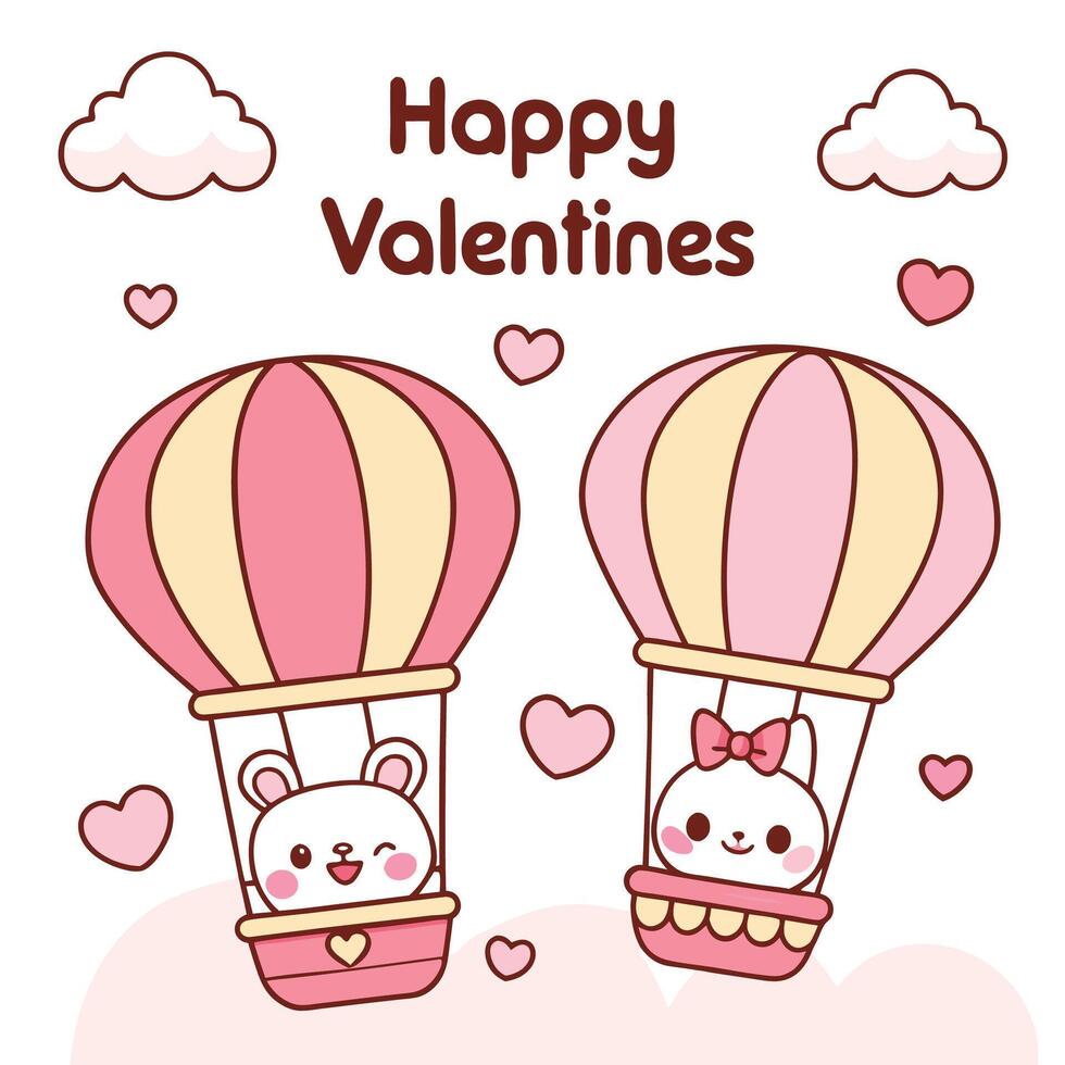 two cute cartoon animals in hot air balloons with the words happy valentine's day vector
