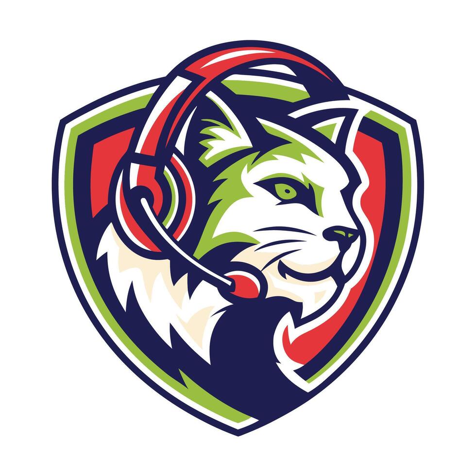 mascot icon head of a cat with headphones on head viewed from side set inside shield crest vector