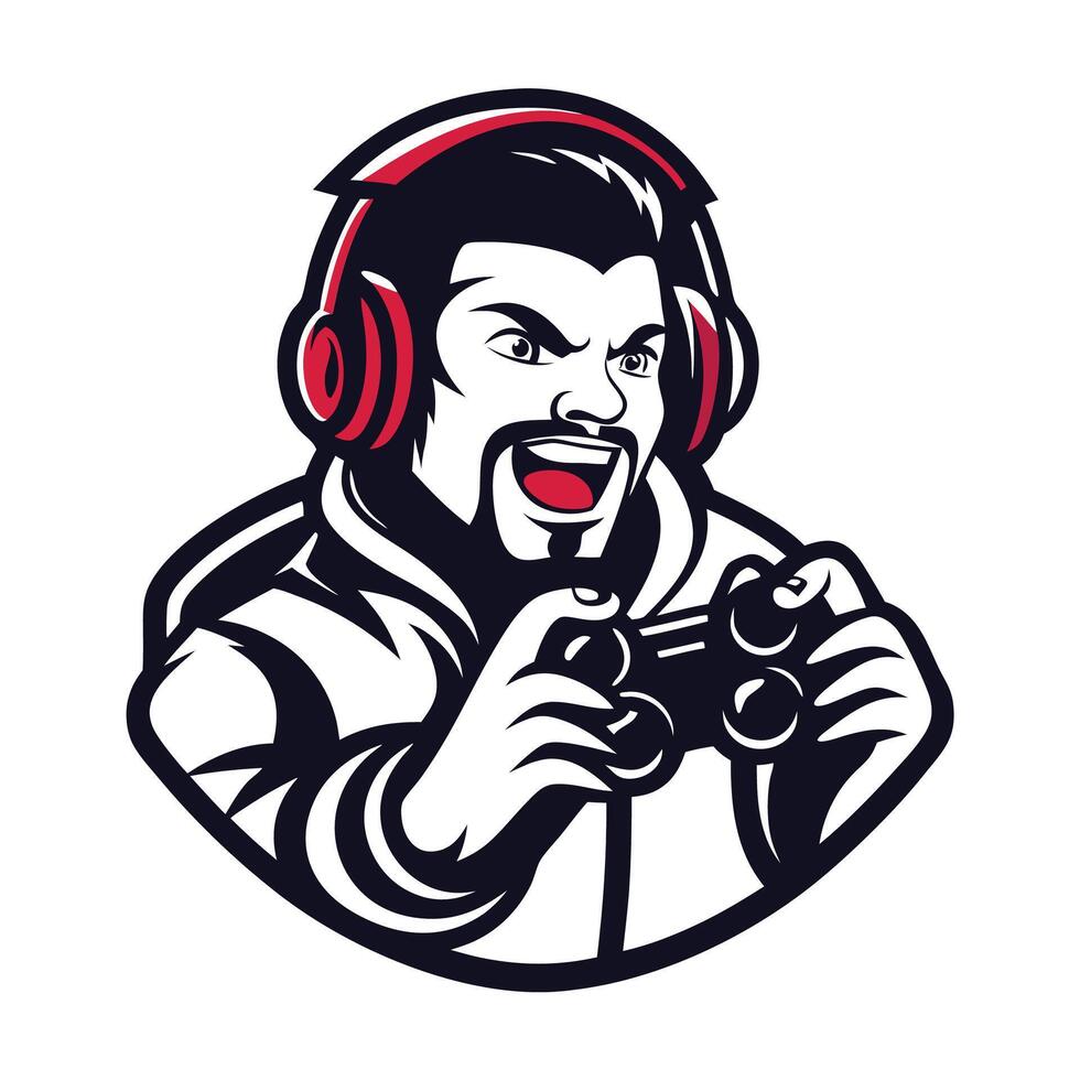 mascot icon game gamer man with headphones holding controller viewed from front on isolated background vector