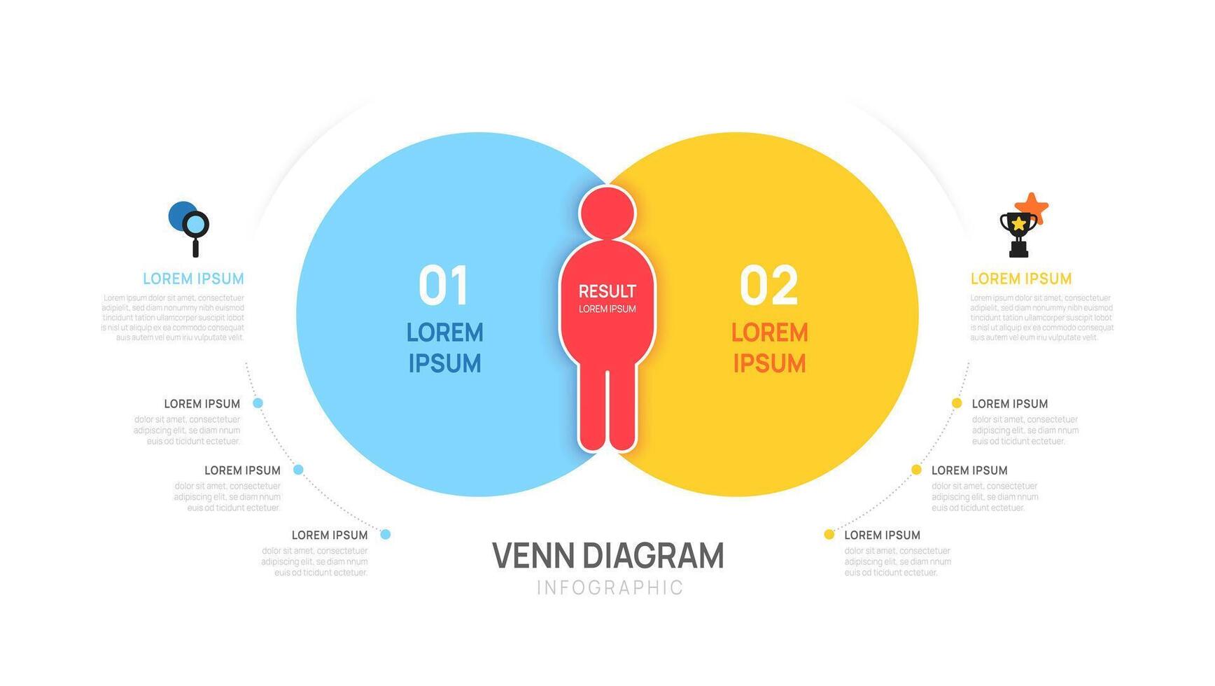 Venn diagram Infographic man chart template for business start up presentation with venn diagram elements illustration. vector
