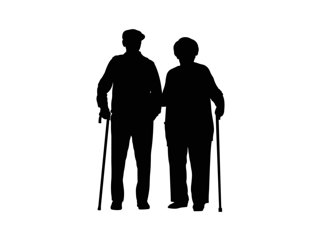 Silhouette of Elderly Couple with Walking Sticks vector