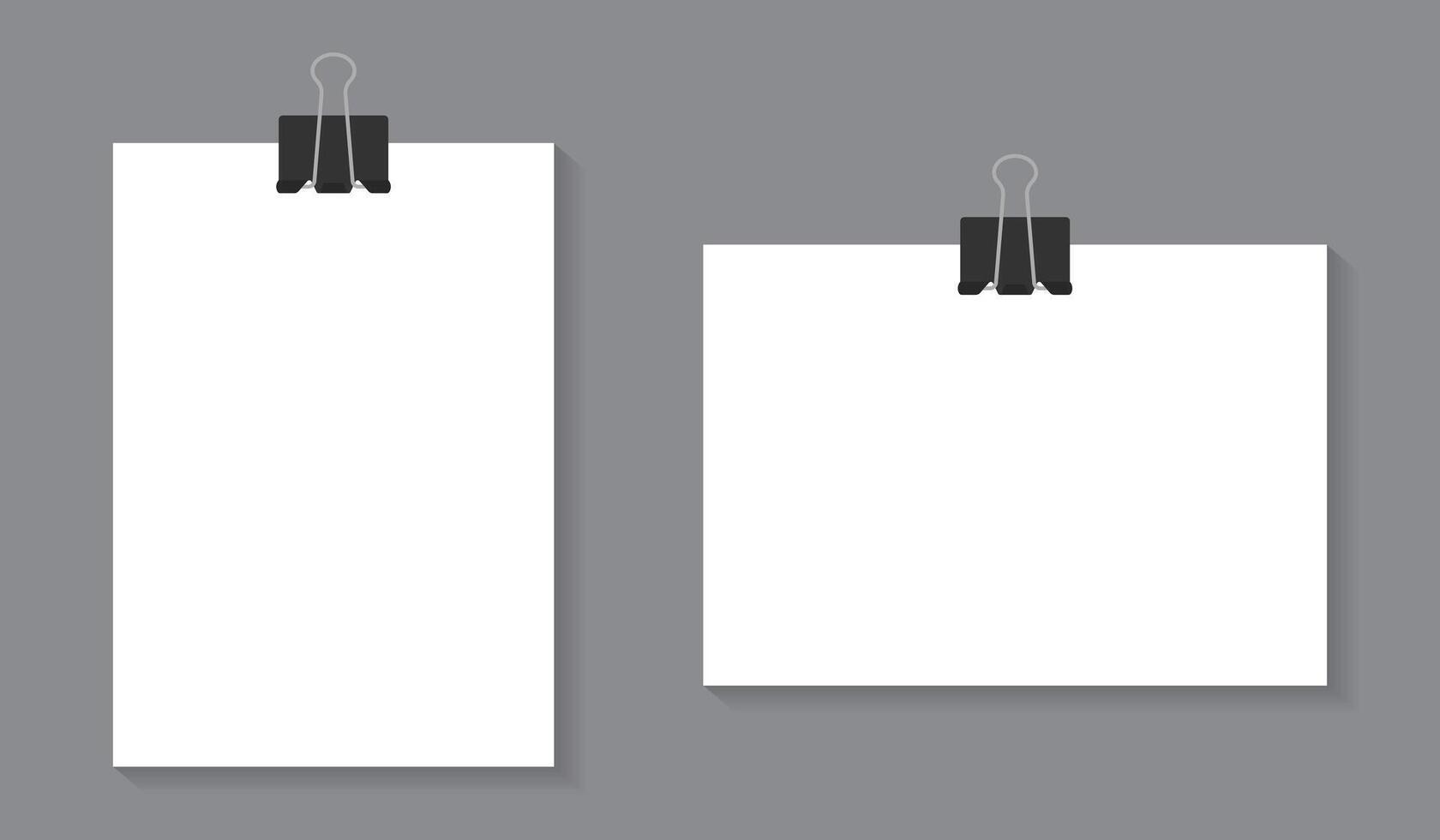 Paper sheet hanging on a clip. Blank white poster template vector