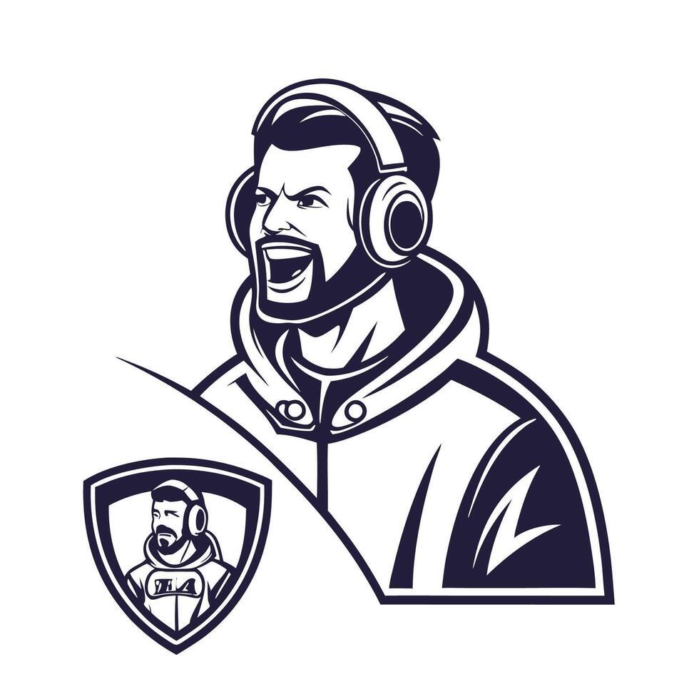 a man with headphones and beard is wearing a hoodie vector