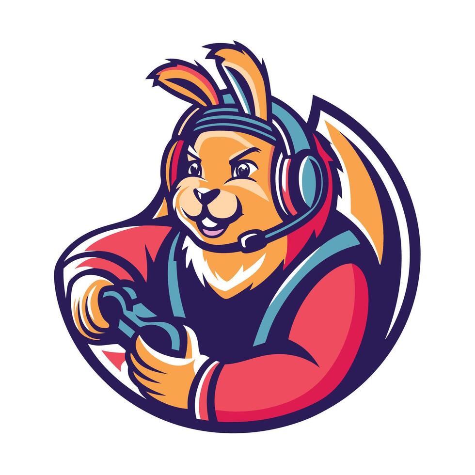 mascot illustration of a flying rabbit with headphones holding a controller set inside circle on isolated background vector