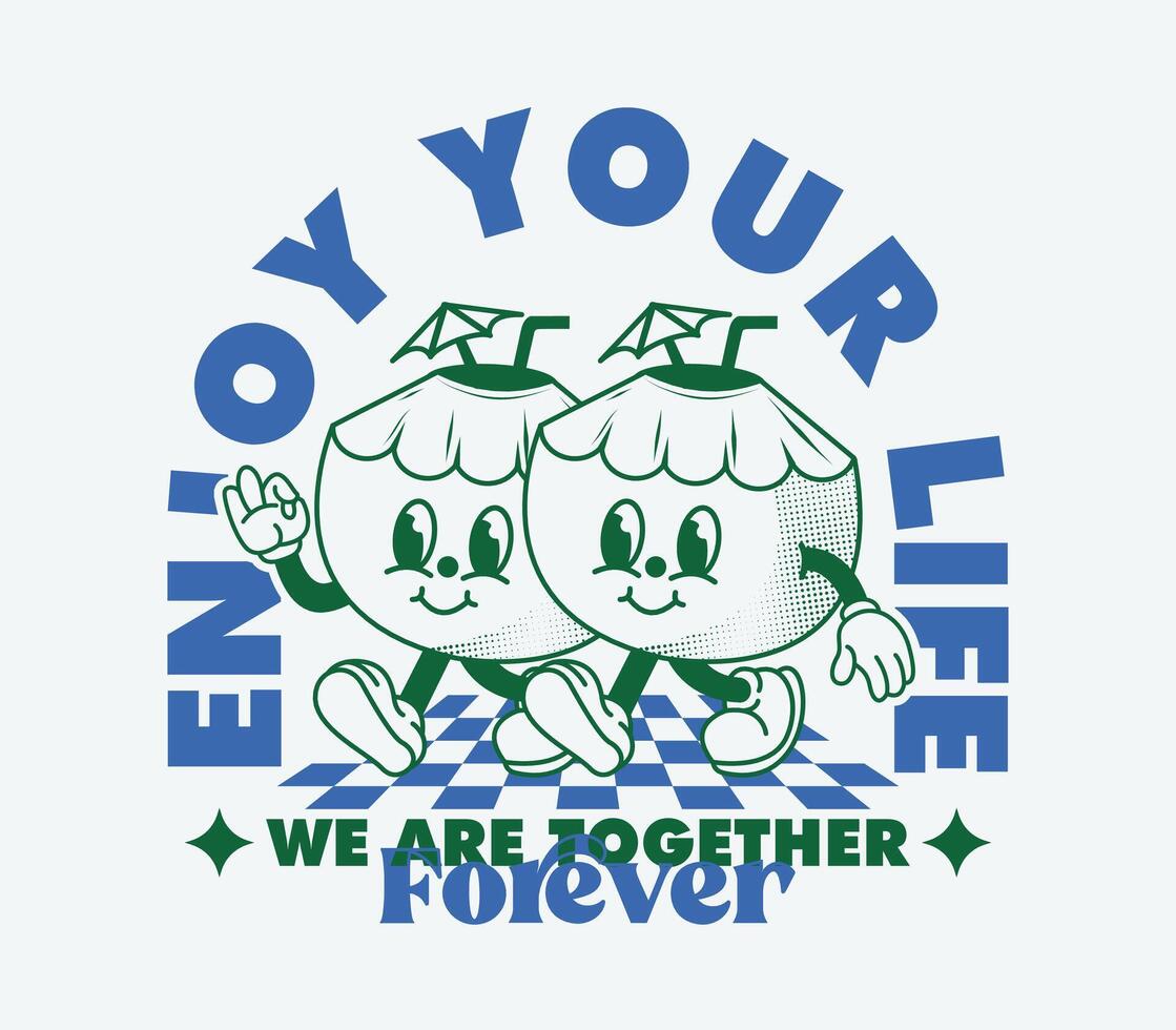 coconut cartoon character illustration in vintage style, for graphic tee t shirt, for posters, merchandise, stickers, and more vector