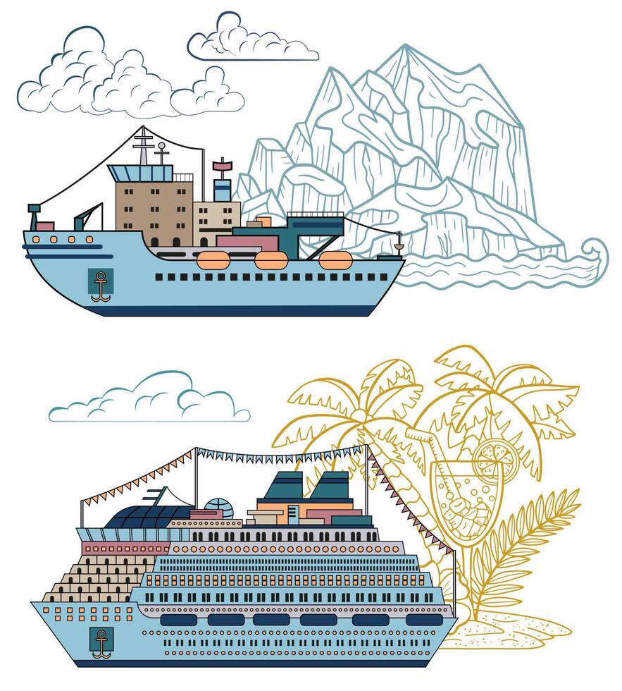 Colorful design set of icebreaker ship and cruise ship or passenger liner isolated on white. Travel, transportation and discovery concept. Line art cartoon illustrations vector