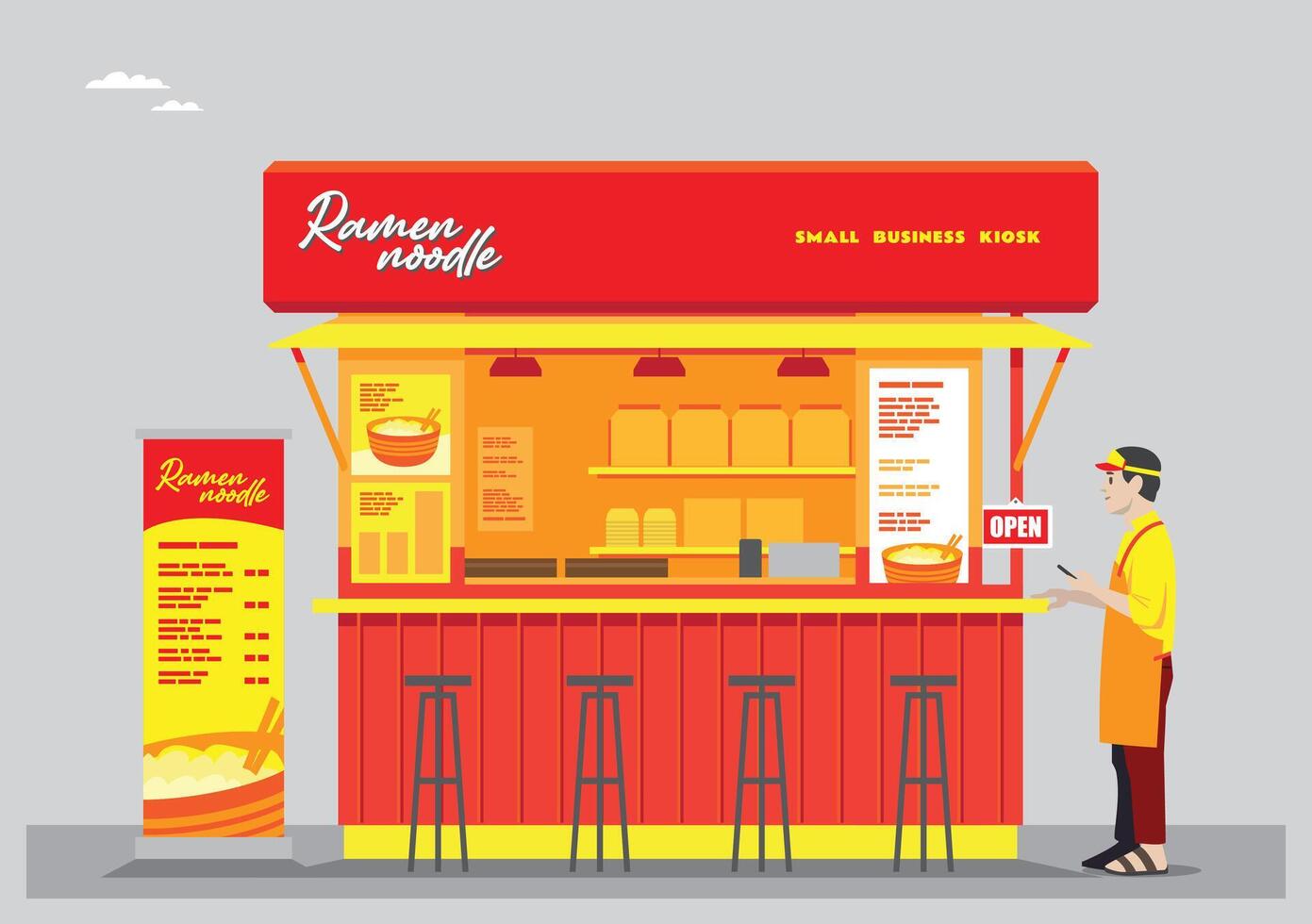 an illustration of an open ramen shop with a ramen noodle sign and red yellow colors with chef stand vector