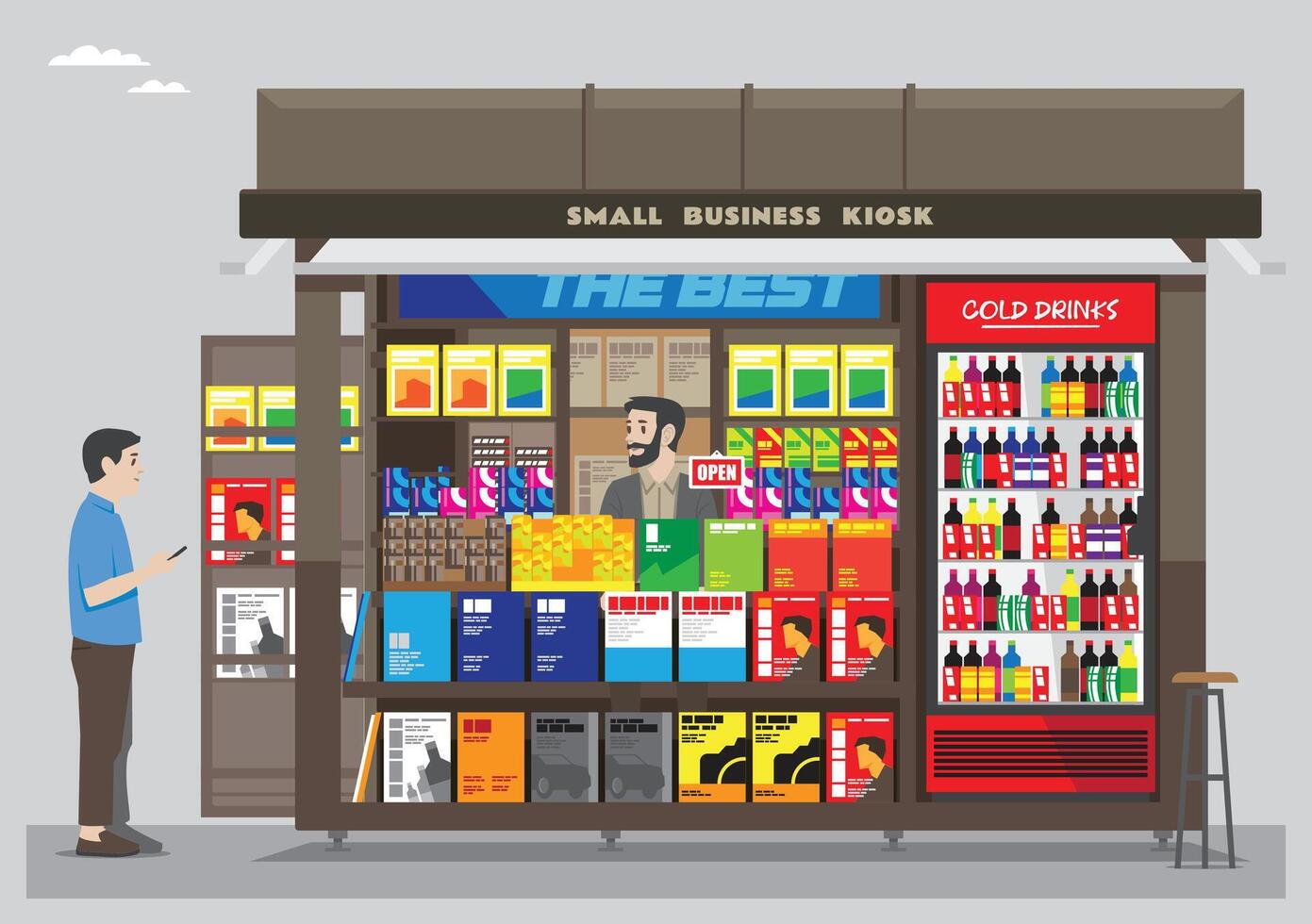 an illustration of an open small box kiosk shop with magazines, drinks, candies and items selling on the street vector