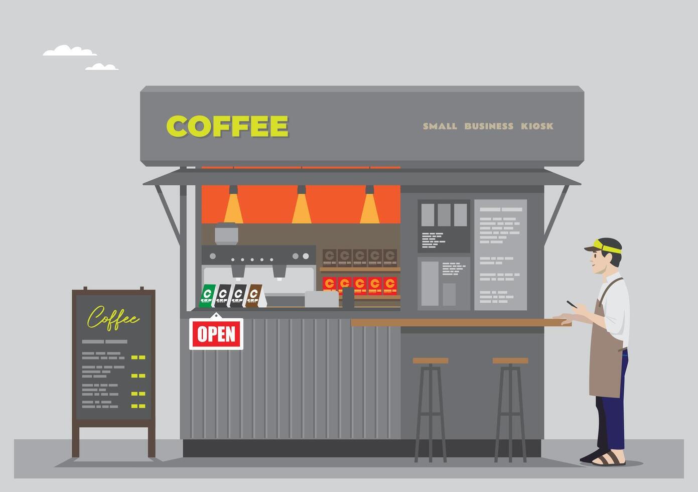 an illustration of an open coffee shop with a ramen coffee sign and dark grey colors with barista stand vector