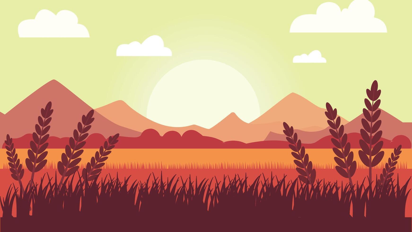 Wheat Field Nature Landscape with Mountains Hills View at Sunrise vector