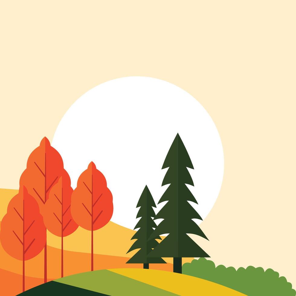 Colorful Hill Valley Nature View with Pine Tree and Sun in the Morning vector