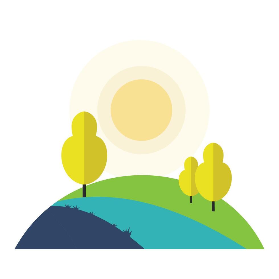 Beautiful Colorful Hill Valley Nature Landscape with Trees and Sun in the Morning vector