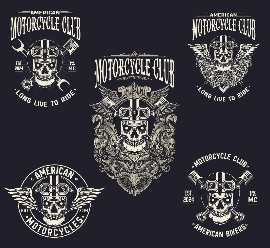 Set of 5 skull head motorcycle logo. hand drawn logo. vintage logo - design vector