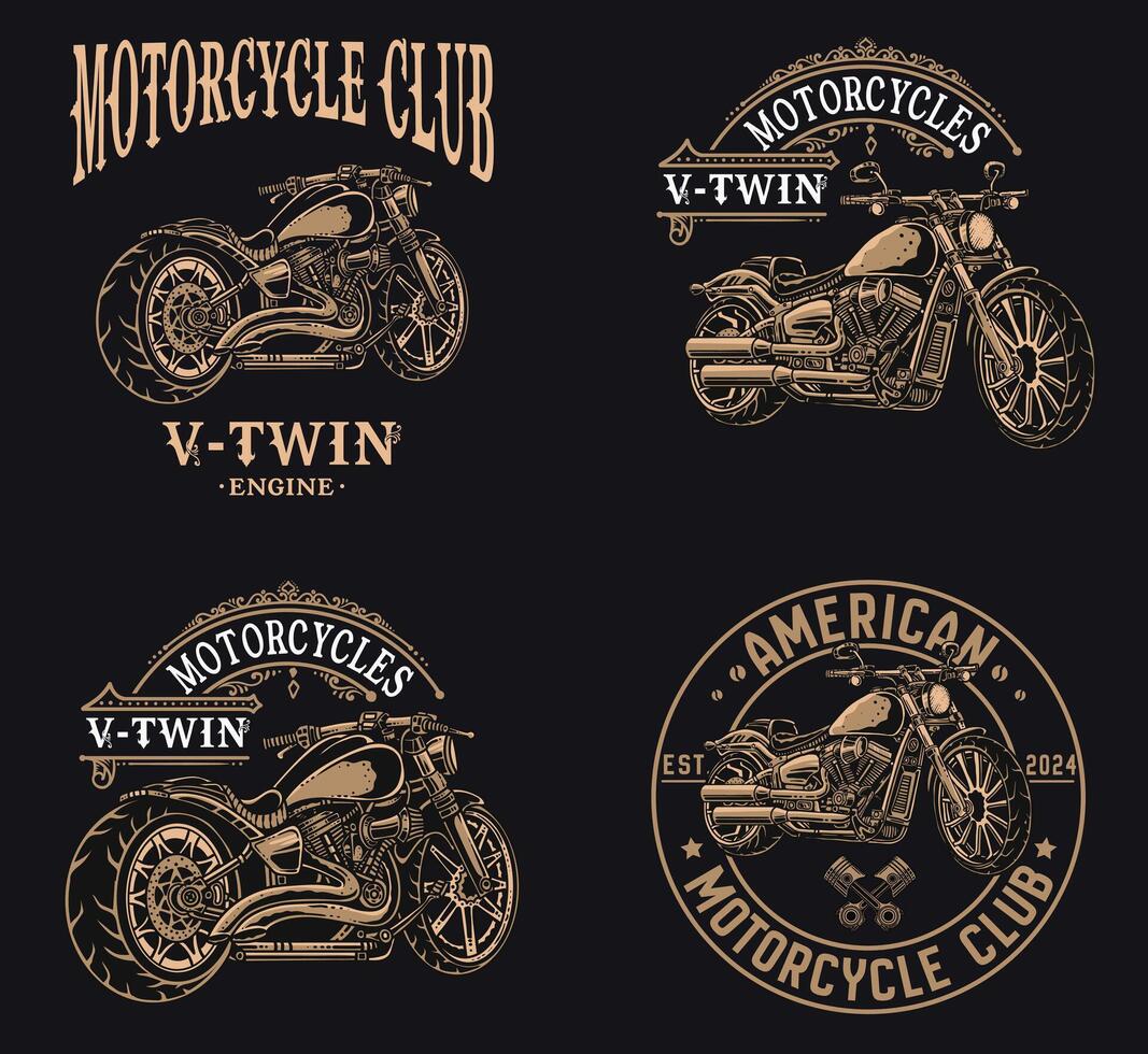 Set of 4 retro motorcycle emblems, labels, badges, logos, prints, templates vector