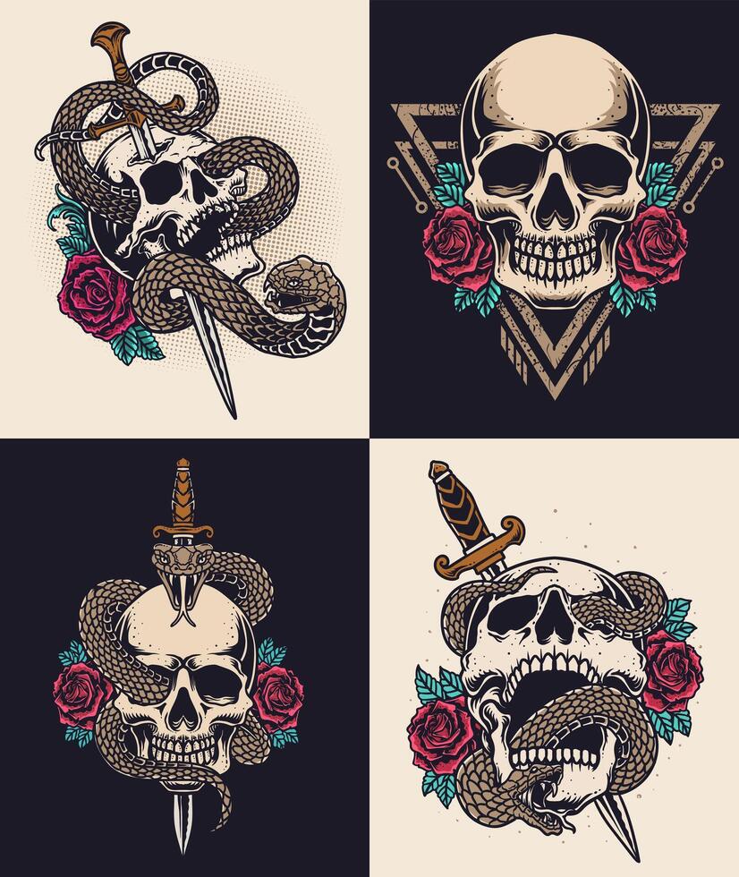 Set of 4 retro skull rose with snake and knife. illustration vector