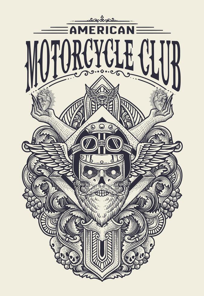 Vintage bikers emblem with skull head. motorcycle club logo. monochrome style vector