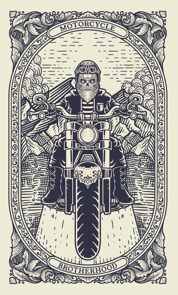 Biker skull riding motorcycle with vintage engraving ornament frame. hand drawn vector