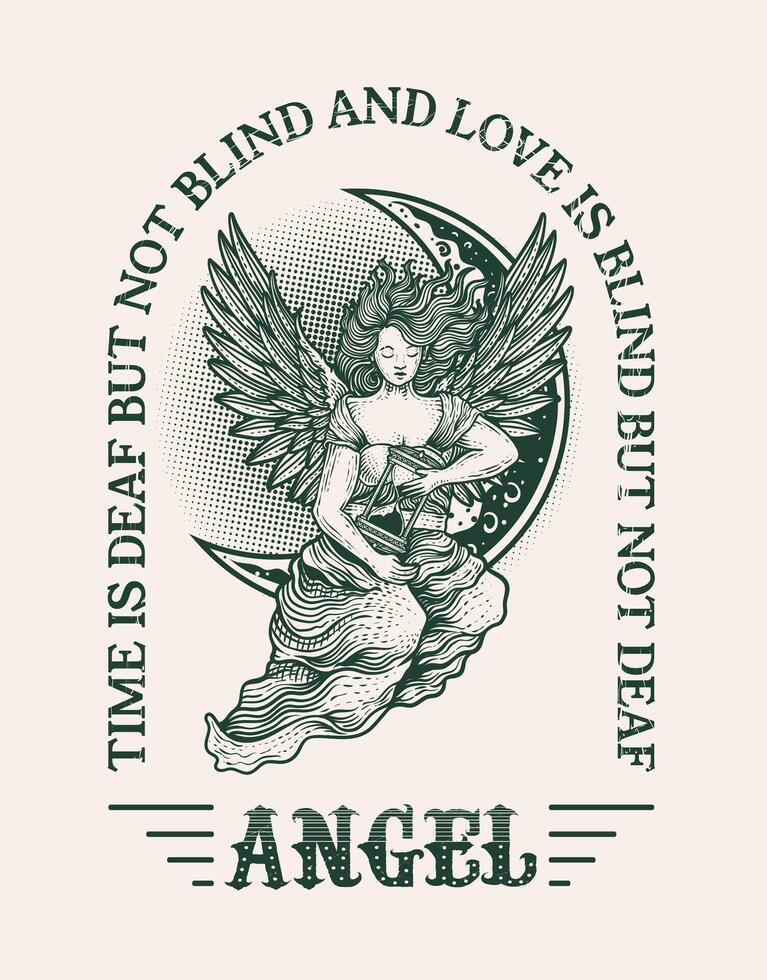 Illustration vintage hand drawn. Angel woman holding hourglass. vector