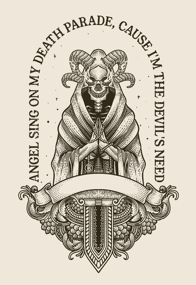 Illustration grim reaper engraving hand drawn style - eps 10 vector