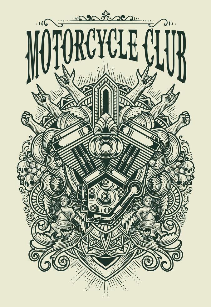 Vintage motorcycle logo emblem isolated. V twin engine logo. monochrome label. engraving hand drawn style vector