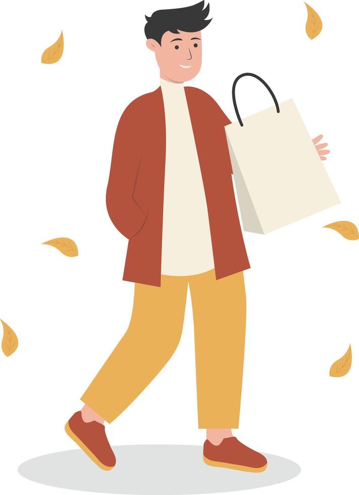 Happy Male Walking in Autumn Day Holding Bag vector