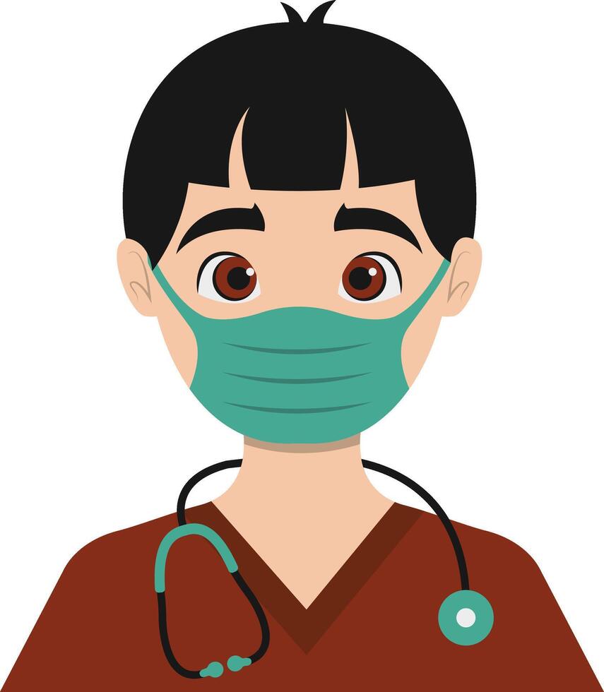 Male Doctor in Maroon Uniform and Green Mask vector