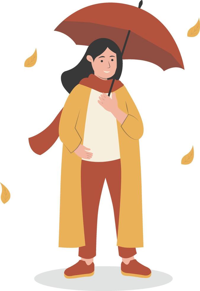 Beauty Girl Walking in Autumn Day with Brown Umbrella vector
