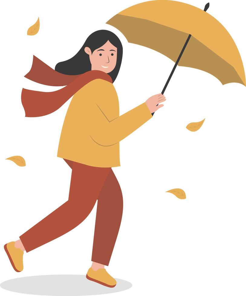 Girl Walking in Autumn Day with Yellow Umbrella vector