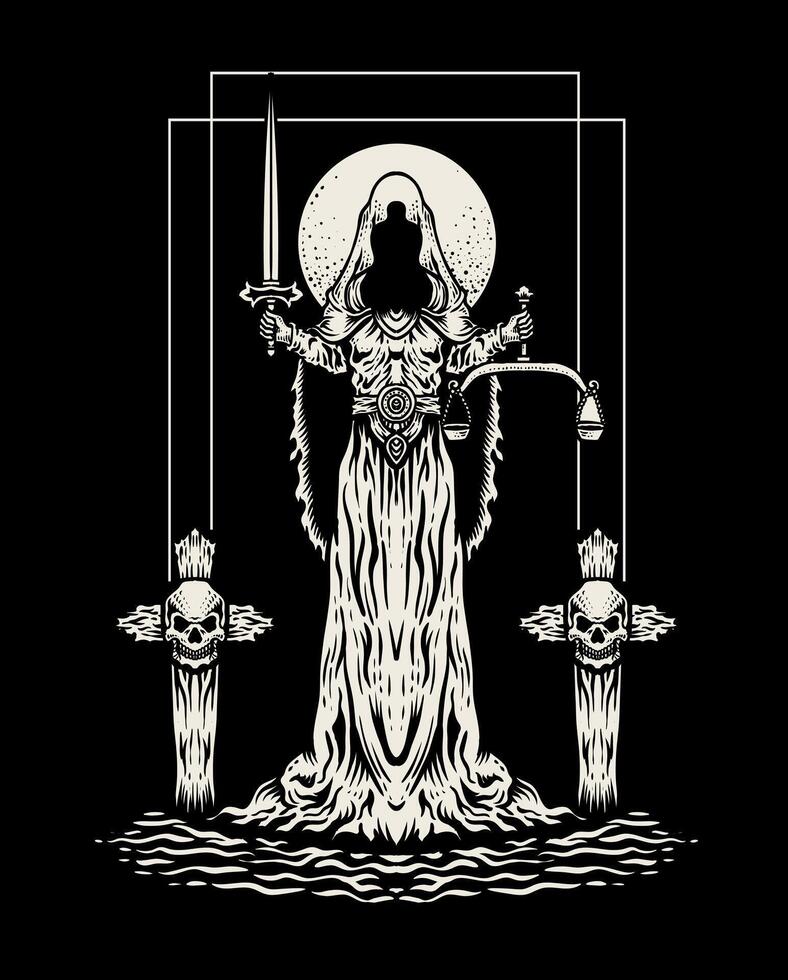 Illustration of goddess of justice dark version on black background vector