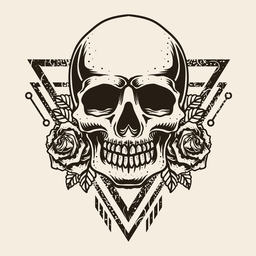 Illustration vintage skull with rose flower. Hand drawn good for T shirt, poster and logo vector