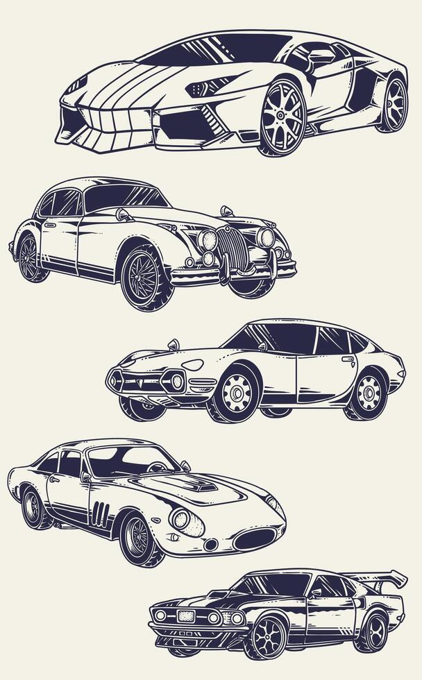 Monochrome illustrations set of sport cars. Black and white picture automobile transport. design vector